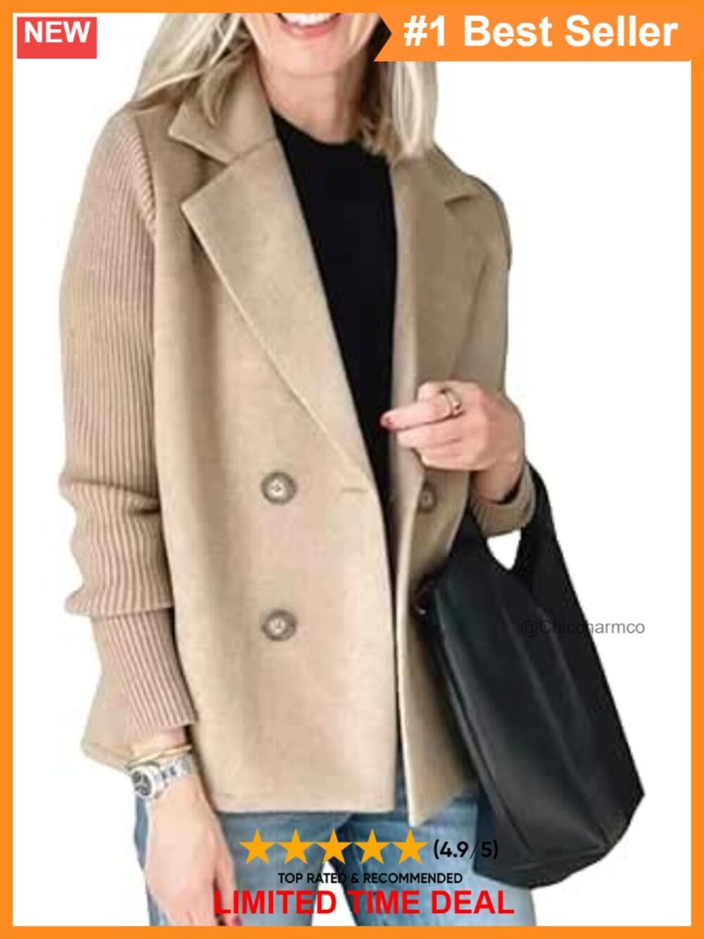 Cropped Wool Blend Double Breasted Pea Coat Notch Lapel Knit Blazer